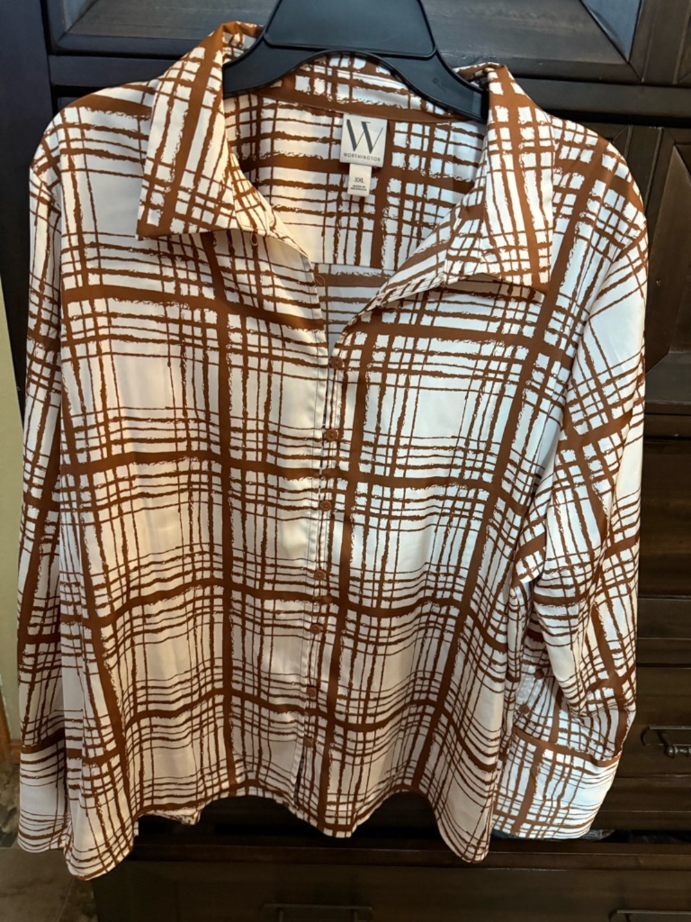 Worthington Cream and Brown Plaid Button-Down Shirt